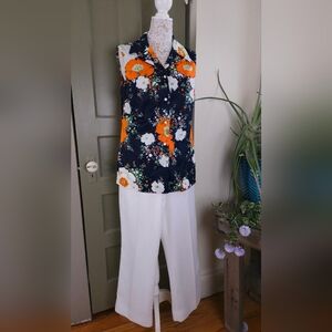 Plaza Square Vintage 60s Sleeveless Top And Pants Set Navy Floral Medium